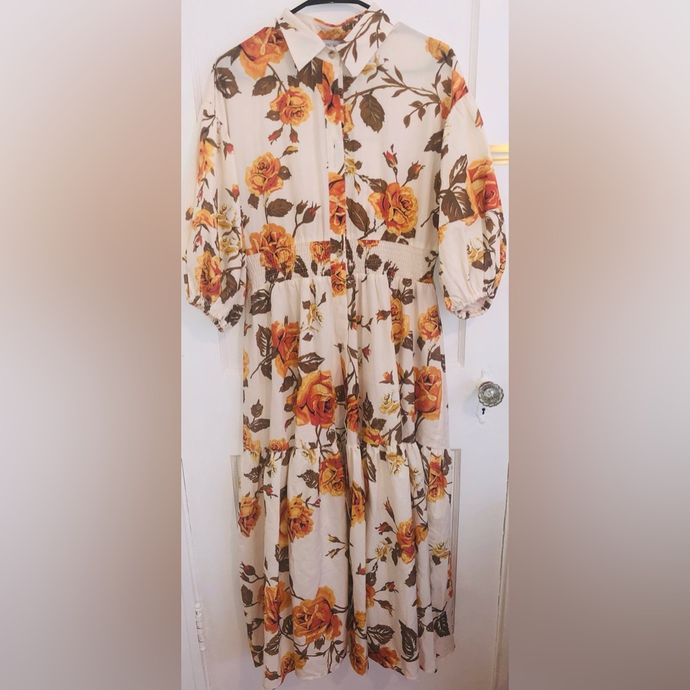 Chic Wish Blossom moment bubble sleeve button down maxi dress in cream